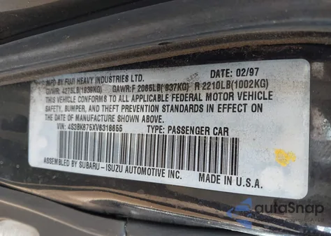 1997 Subaru Legacy Gt из США, поврежденный, VIN 4S3BK675XV6318655